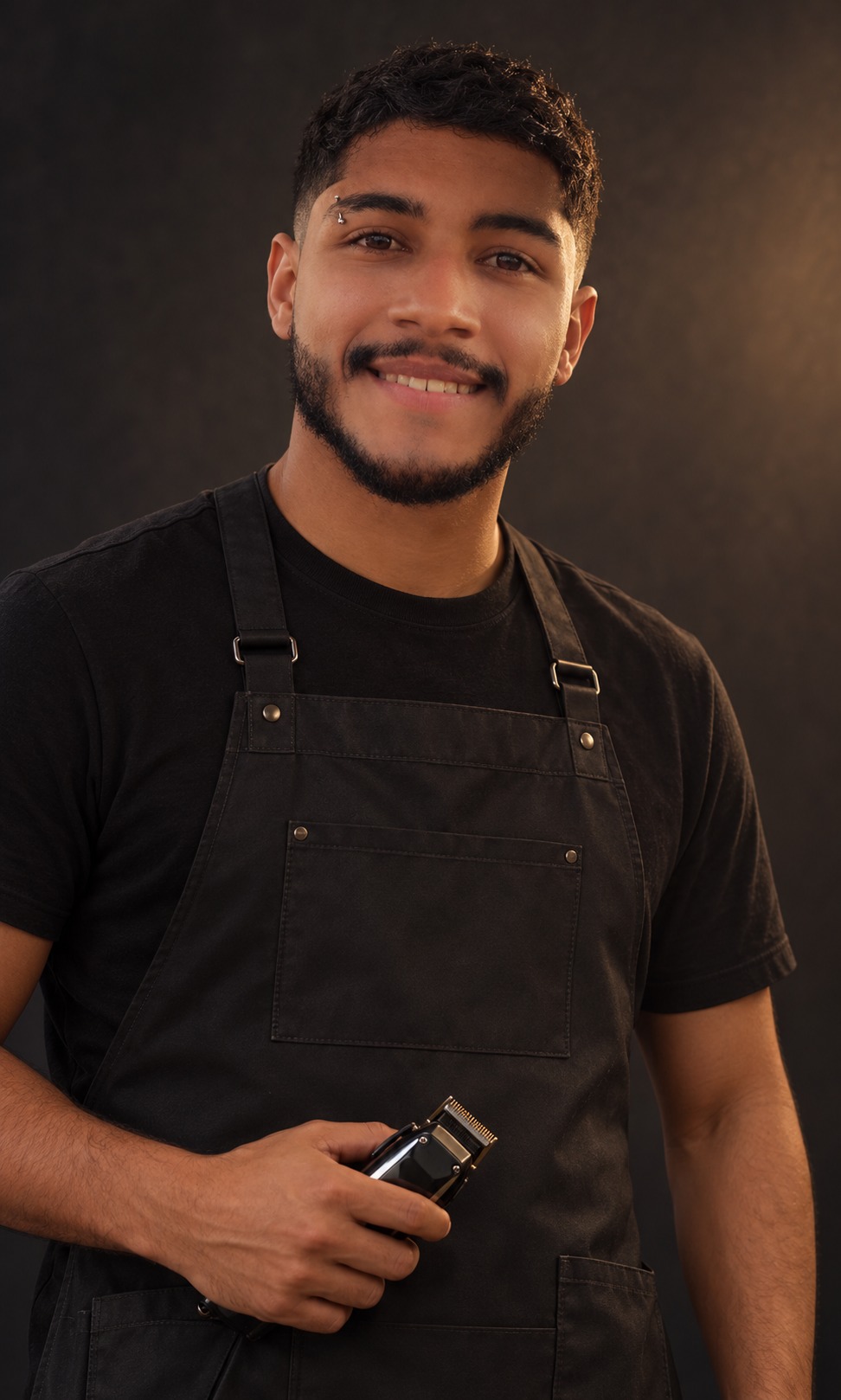 Retrato profissional ilustrativo de Thiago Tavares, com avental de barbeiro